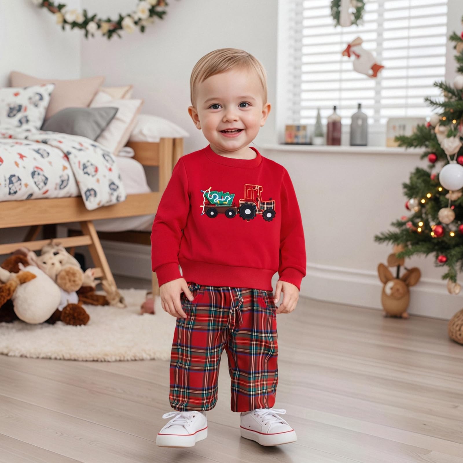 GXNRHG Kleinkind-Baby-Jungen-Valentinstag-Outfit, LKW-Herz-Aufdruck, langärmliges Sweatshirt mit Rundhalsausschnitt und Karierte Hose, süßes 2-teiliges Kleidungsset
