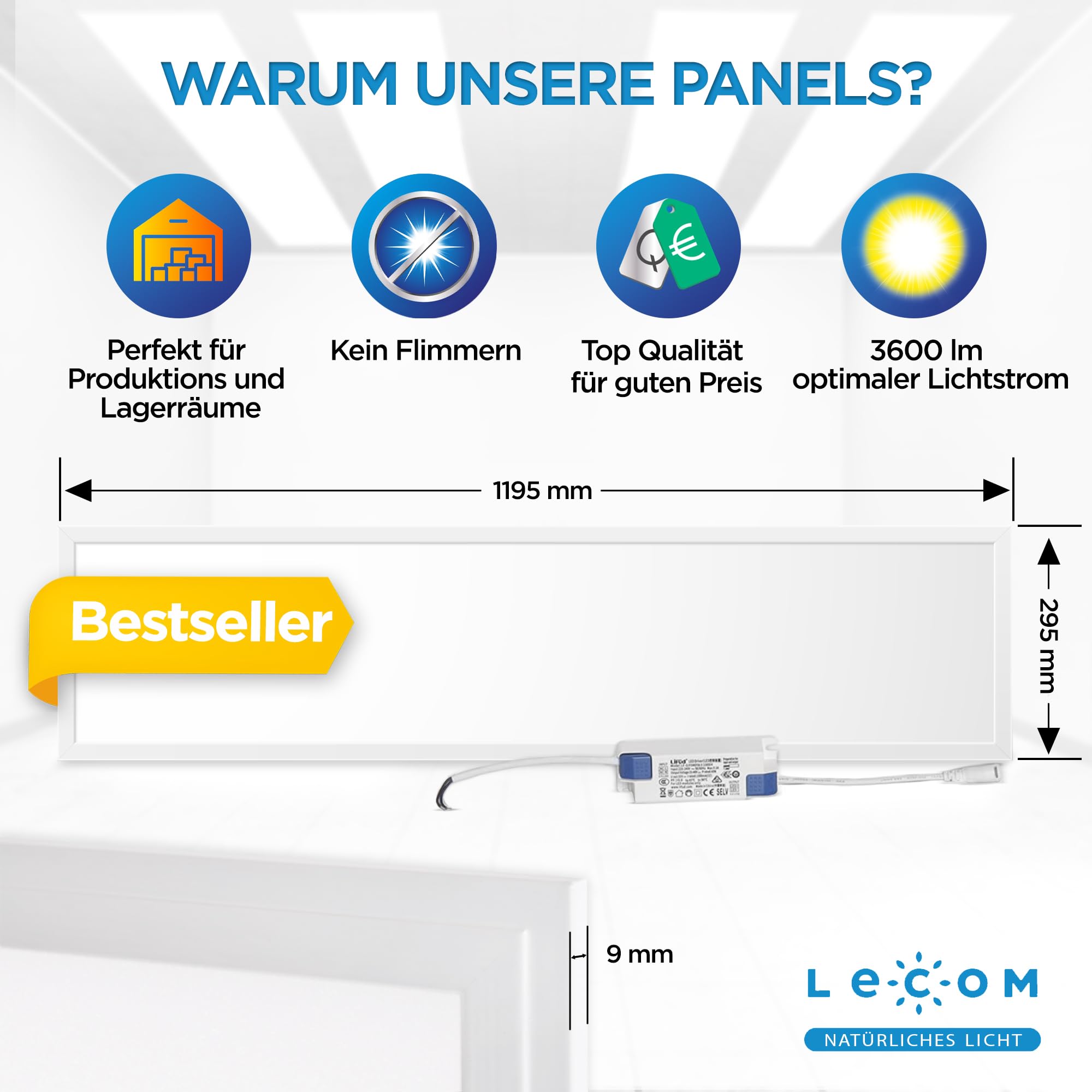 LECOM 2x LED Panel 120x30 Neutralweiß 4000K LED Rasterleuchte Flach 0,9cm | LED Deckenleuchte flimmerfrei für Rasterdecken. Ideal für Büro, Flur, Besprechungsraum und Empfangsbereich. Ultra dünn 0,9cm.
