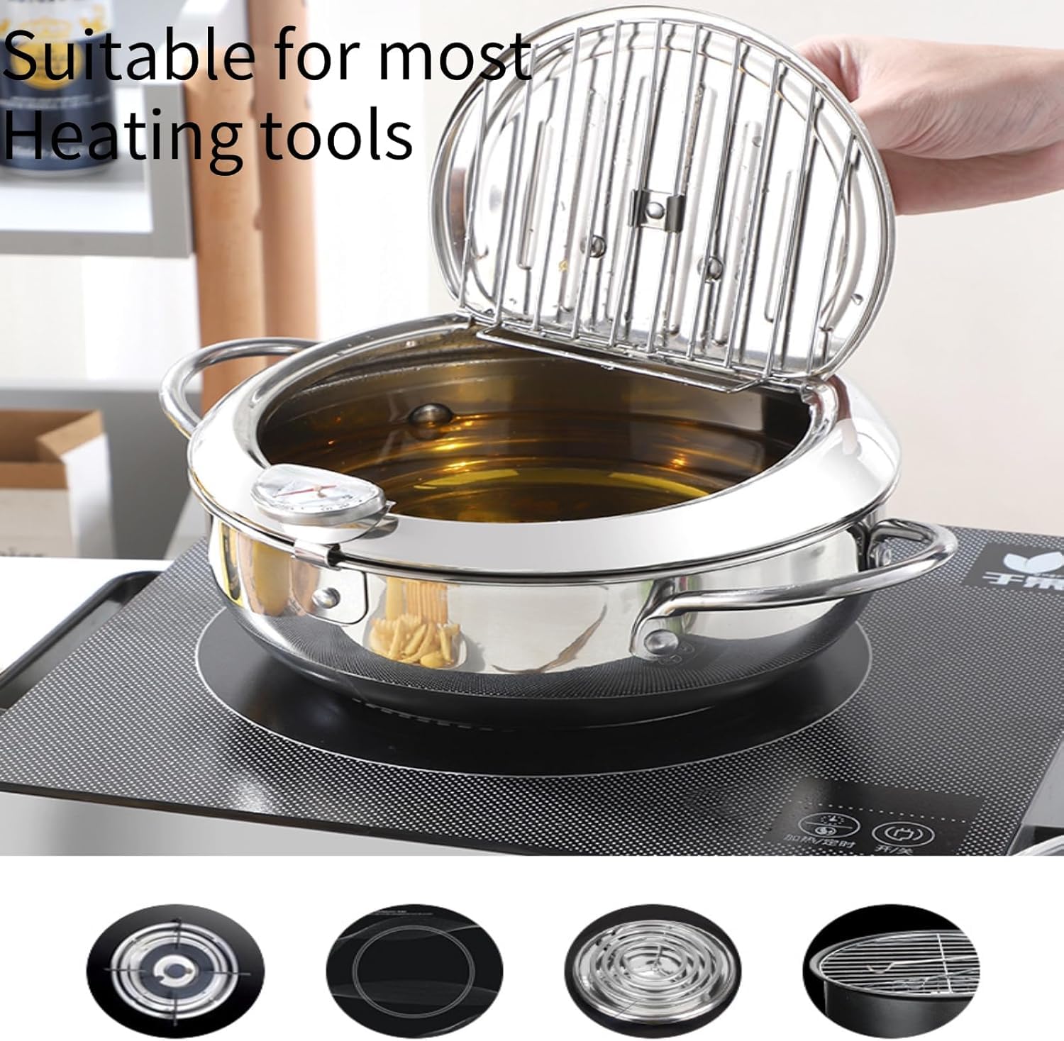 Pentola per frittura, pentola giapponese in acciaio inox con scarico dell'olio, controllo della temperatura e coperchio, friggitrice tempura per fornelli a gas/induzione, per patatine e pollo (24CM)