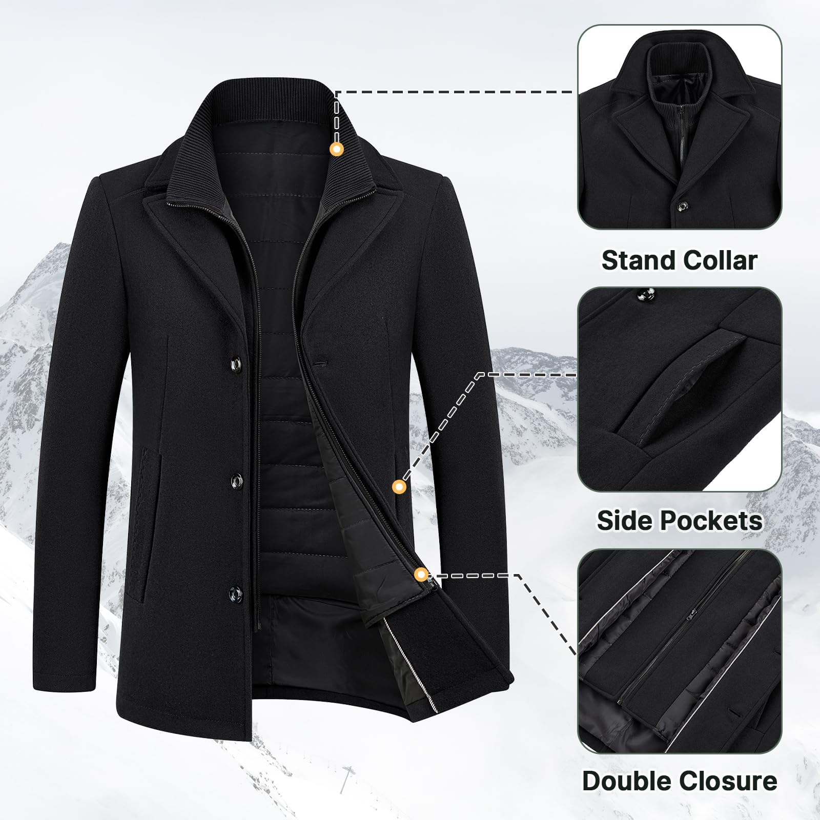 Manteau Homme en Laine pour Hiver Chaud Trench Coat Classique Parka Pardessus Caban Slim Fit Business Duffle-Coats Coup-Vent Revers Overcoat