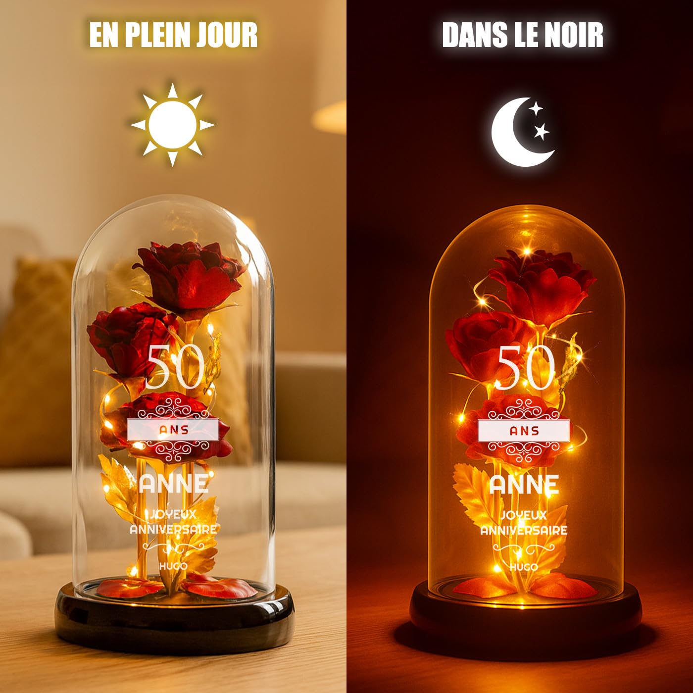Maverton Rose Eternelle sous Cloche en Verre avec Personnalisation - Fleur Eternelle Cadeau Maman - Rose Rouge Artificielle 21x11 avec Lumière LED - Idee Cadeau Anniversaire Femme Original - 50 Ans