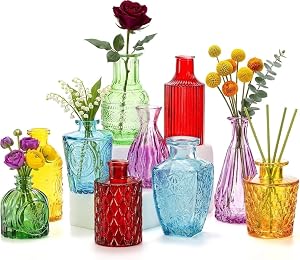 Coloch Set of 10 Colored Bud Vases, Assorted Small Glass Flower Vases Vintage Carved Floral Vase Single Bud Vase in Bulk for Centerpieces, Parties, ​Teachers' Day​, Wedding Decoration, Office, Home