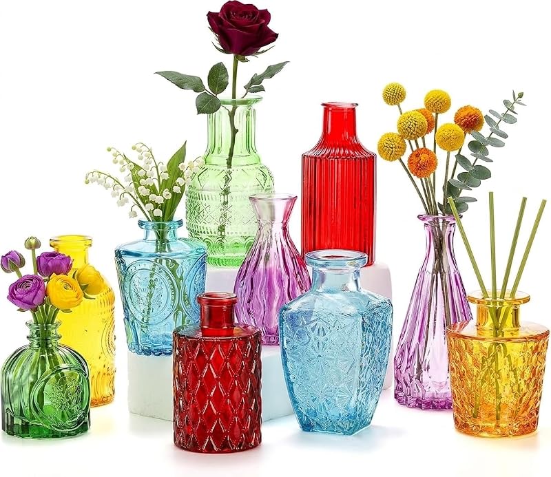 Coloch Set of 10 Colored Bud Vases, Assorted Small Glass Flower Vases Vintage Carved Floral Vase Single Bud Vase in Bulk for Centerpieces, Parties, Wedding Decoration, Office, Home