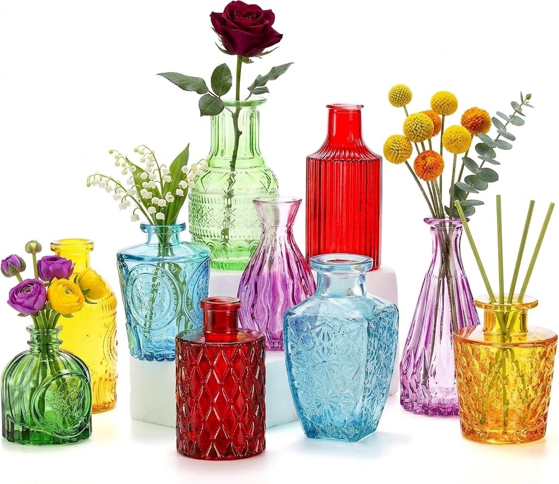 Coloch Lot de 10 vases colorés Assortis en Verre sculpté Vintage pour centres de Table, fêtes, décoration de Mariage, Bureau, Maison