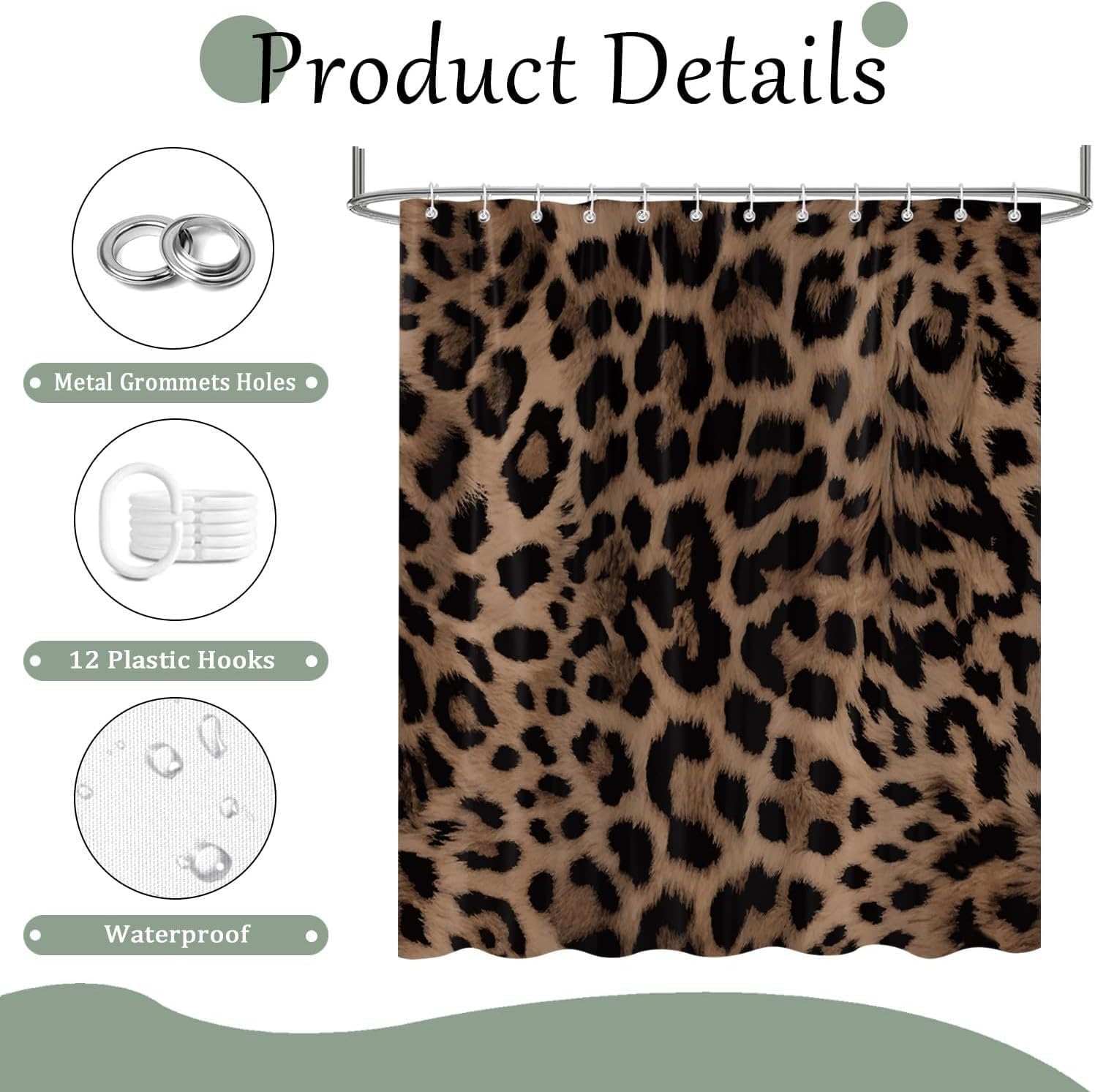 Sexy Leopard Print Shower Curtain，Wild Animal Cheetah Print Brown Black Fur Bathroom Accessory Set，Polyester Fabric Waterproof Bath Curtain 72X84 Inch with 12 Hooks