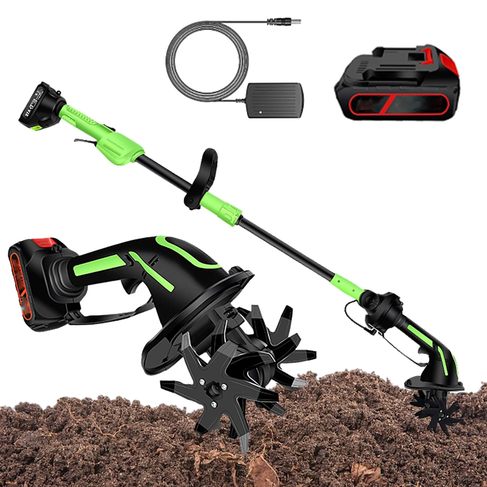 Electric Garden Rototiller, 2-in-1 Cordless Mini Tiller Cultivator with 2× Batteries, 235RPM,4" Width & Depth Soil Cultivator with Extension Rod, for Garden Beds