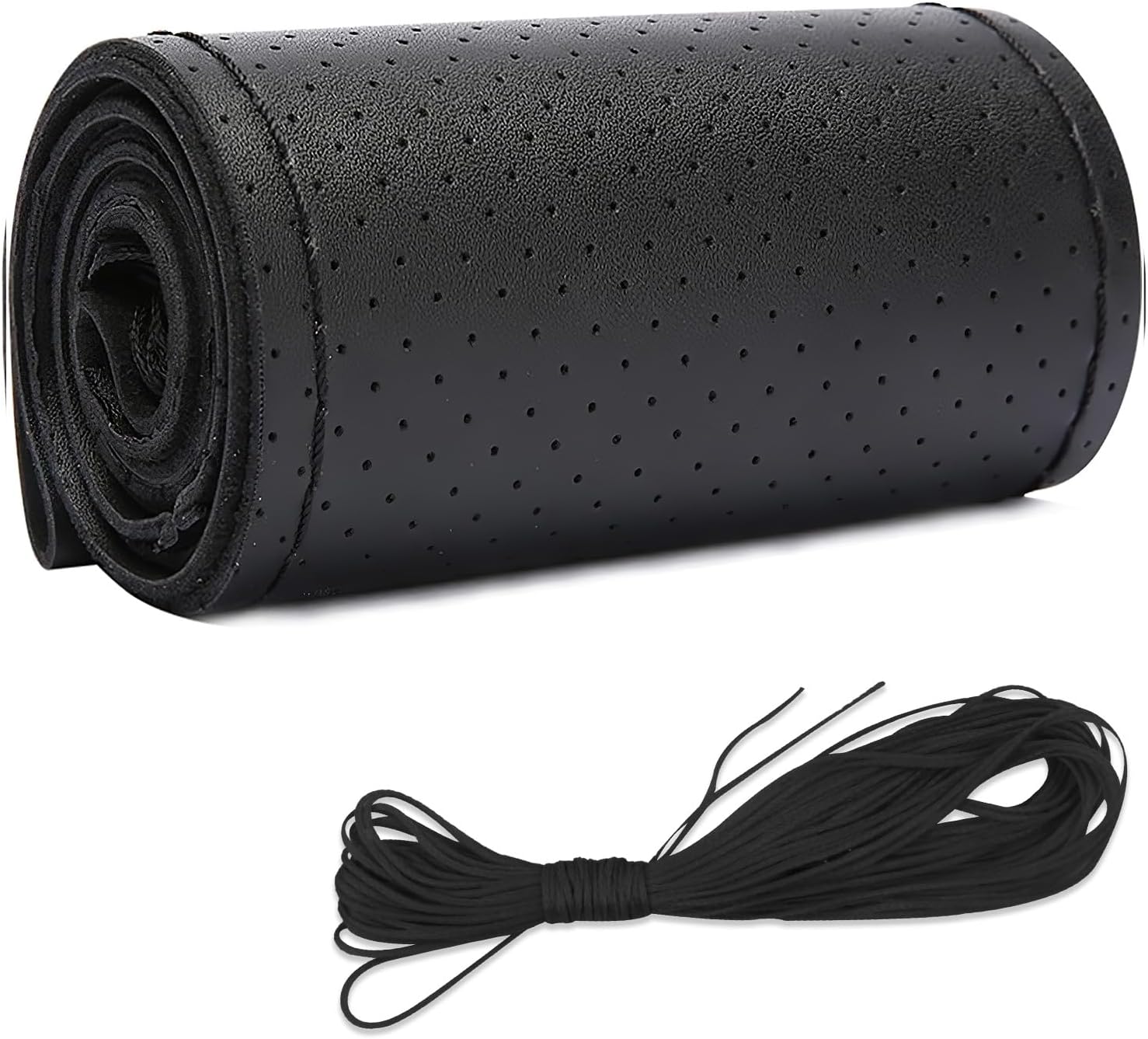 Leather Steering Wheel Cover, DIY Sewing with Needle & Thread, Breathable Anti-Slip Car Steering Wheel Protector, Universal 15 Inch Auto Steering Wheel Stitch on Wrap(Black, Full Hole)