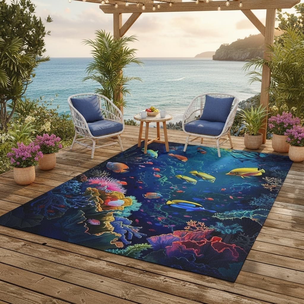 3D Sea Animal Underwater Area Rug Tropical Undersea Multicolor Fishes Rug Machine Washable Outdoor Rugs for Patio Backyard Deck Balcony Camping Rv Waterproof Washable Outside Carpet Mat 5x7