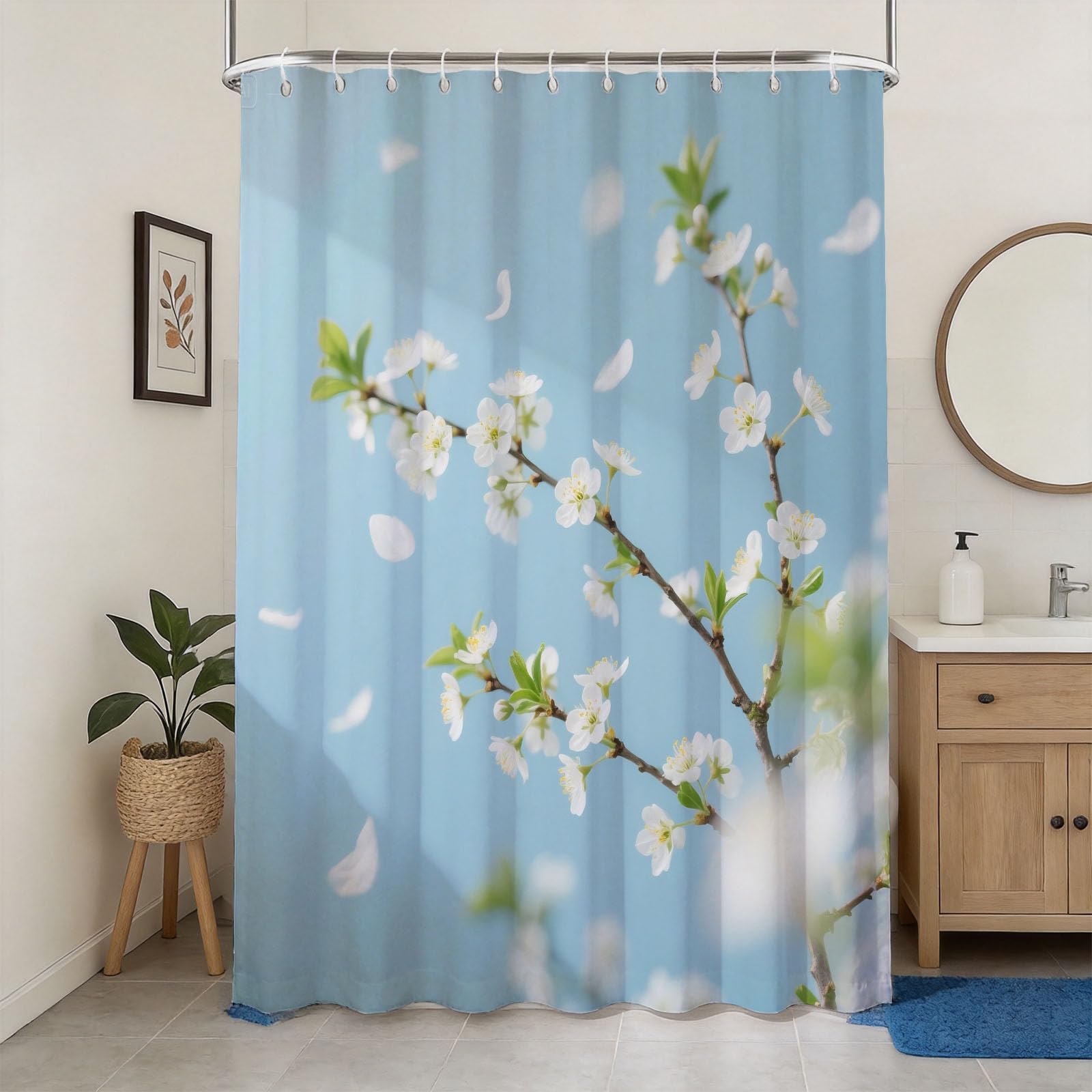 Rideau de douche anti moisissure fleur de poirier pour rester au sec