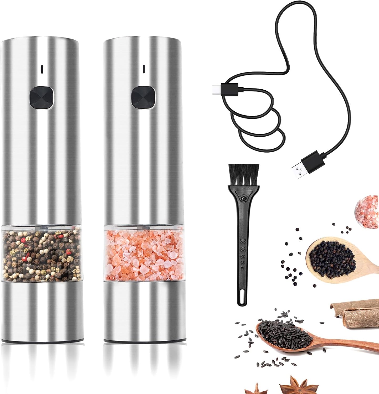 Mini Electric Salt and Pepper Grinder Set, Automatic Salt and Pepper Grinder Set, Electric Salt Shakers, Adjustable Coarseness, USB Rechargeable, Refillable (2 Packs, Stainless Steel)