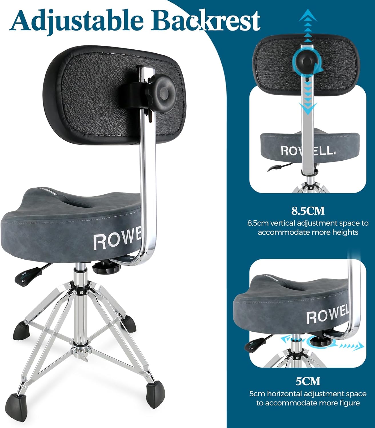 ROWELL Drum Throne with Backrest Hydraulic Drum Stool Height Adjustable Airlift Drum Thrones 4 Leg Heavy Duty Drum Seat 4.3 in Thick Padded Drum Chair Drum Stools for Drummers,Guitar Players (Blue)