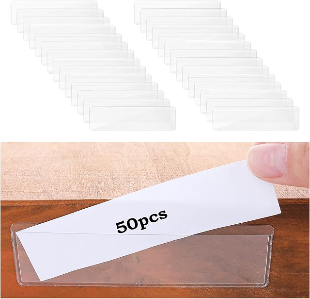Thinp 50 Pieces Label Holders, Self Adhesive Clear Shelf Tag Index Card Pockets Storage Bin Labels Drawer Labels Holder for Supermarket Bookshelf Kitchen Library Organizing (3x11cm)