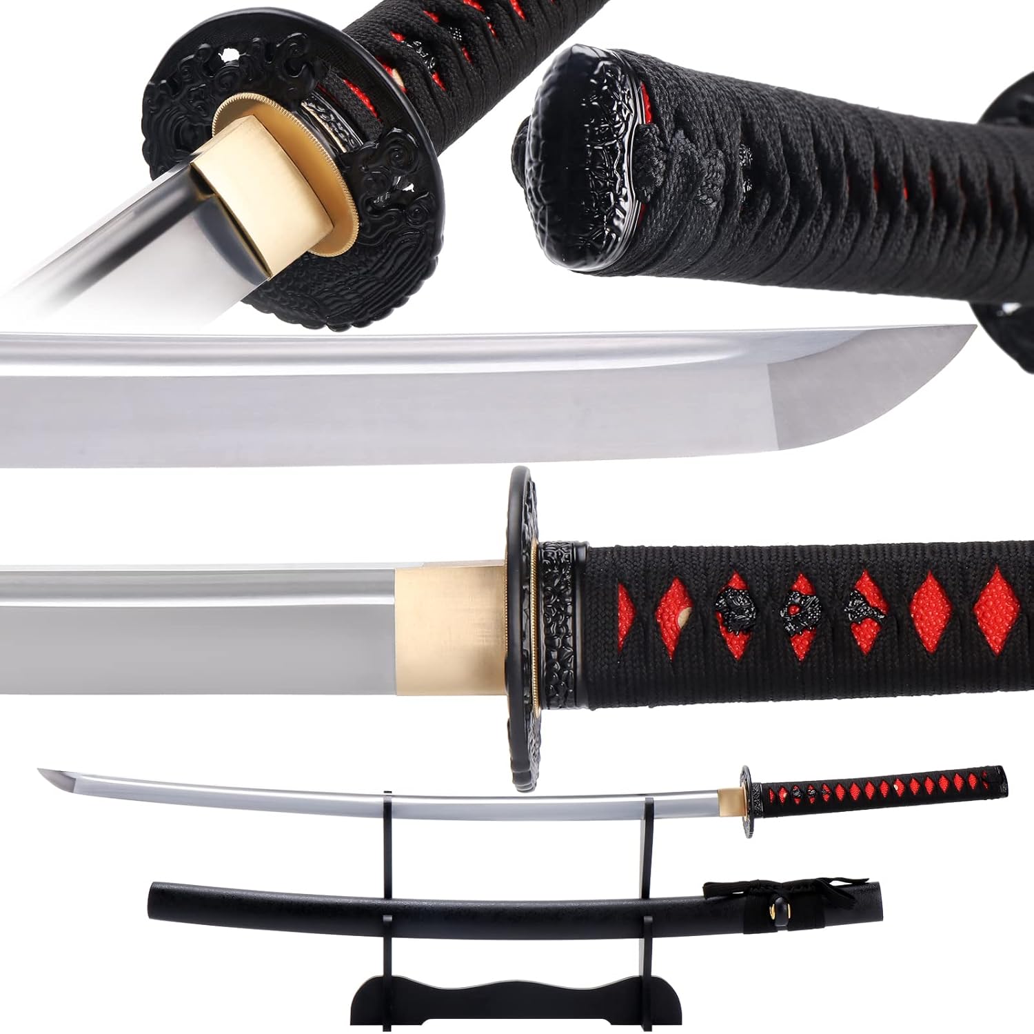 Katana Sword Real Samurai Sword with Full Tang Mirror Polish 1095 Carbon Steel Blade, Martial Arts Training Practice Sword, Traditional Handmade Heat Tempered Sharp