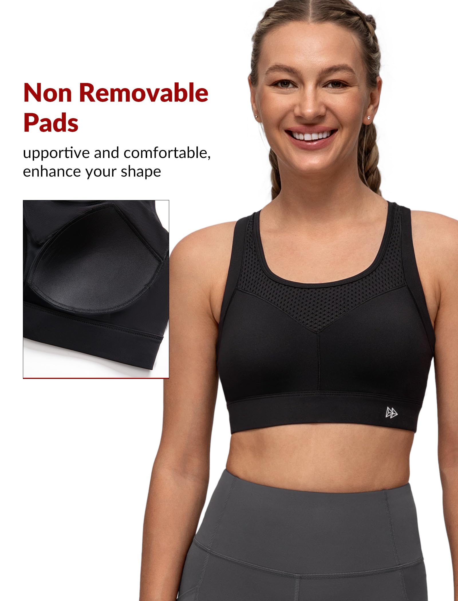 Yvette Soutien-gorge de sport dos nageur pour femme, soutien élevé, soutien-gorge de sport avec coussinets cousus