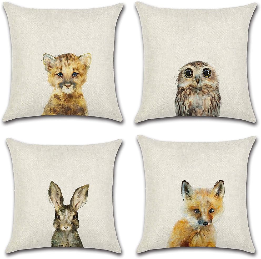 Linen Throw Cushion Pillow Covers Square Pillowcase Animal Decorative for Sofas Beds Chairs Cushion Cover Set of 4, 18 x 18 Inch