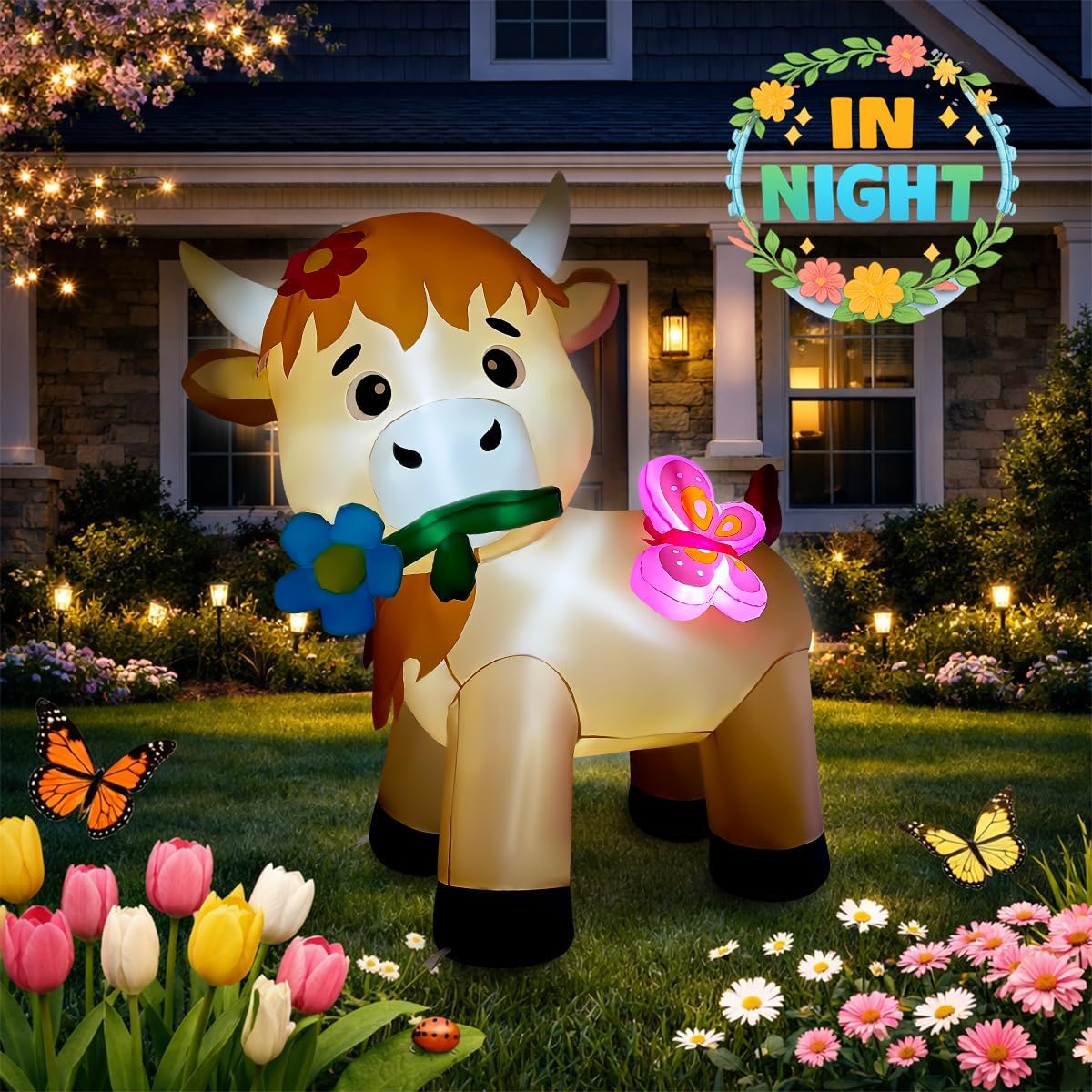 5FT Spring Inflatable Highland Cow with Flowers and Butterflies, Built-in LED Lighted Blow Up Yard Decor, Easter Inflatables Outdoor Decorations for Garden Lawn Party and Holiday Display