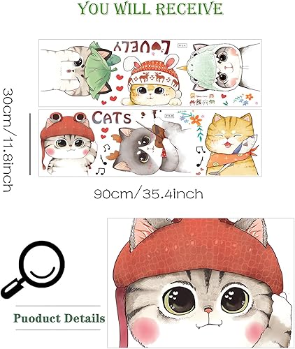 Miniatura 5 de Calcomanías de pared de seis lindos gatitos, gatos encantadores de sacinora pintadas a mano, calcomanías de pared de animales de dibujos animados,