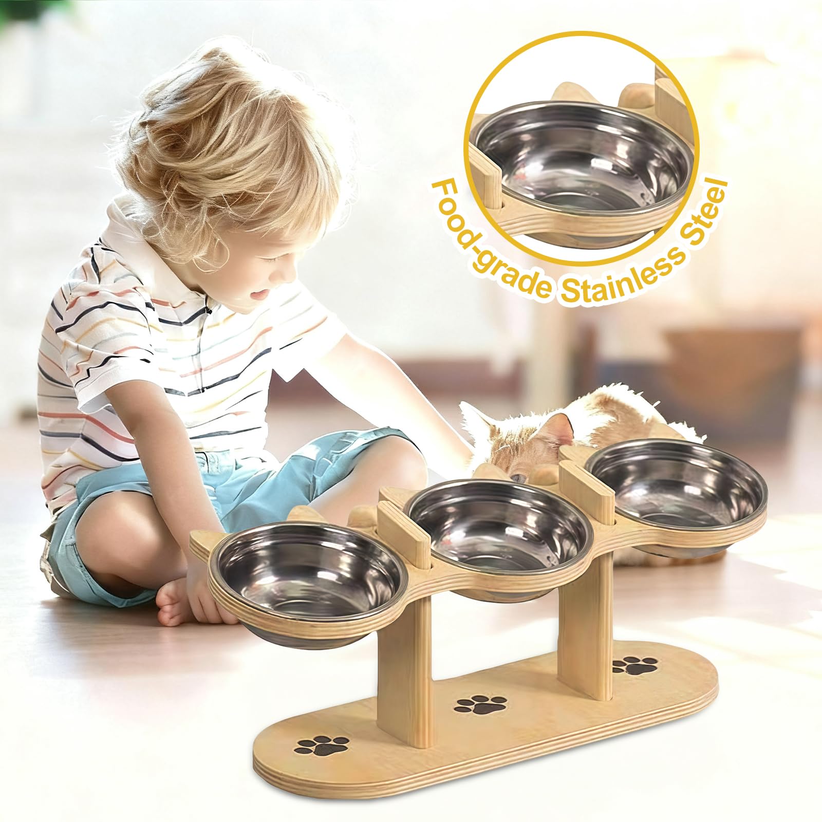 Katzennapf Erhöht, Futterstation Katze, 3 Edelstahlschalen mit Holzständer 15° Geneigter Futternapf Katze Erhöht, Höhenverstellbar Katzen Futterstation für Katzen, Welpen und Kleine Hunde