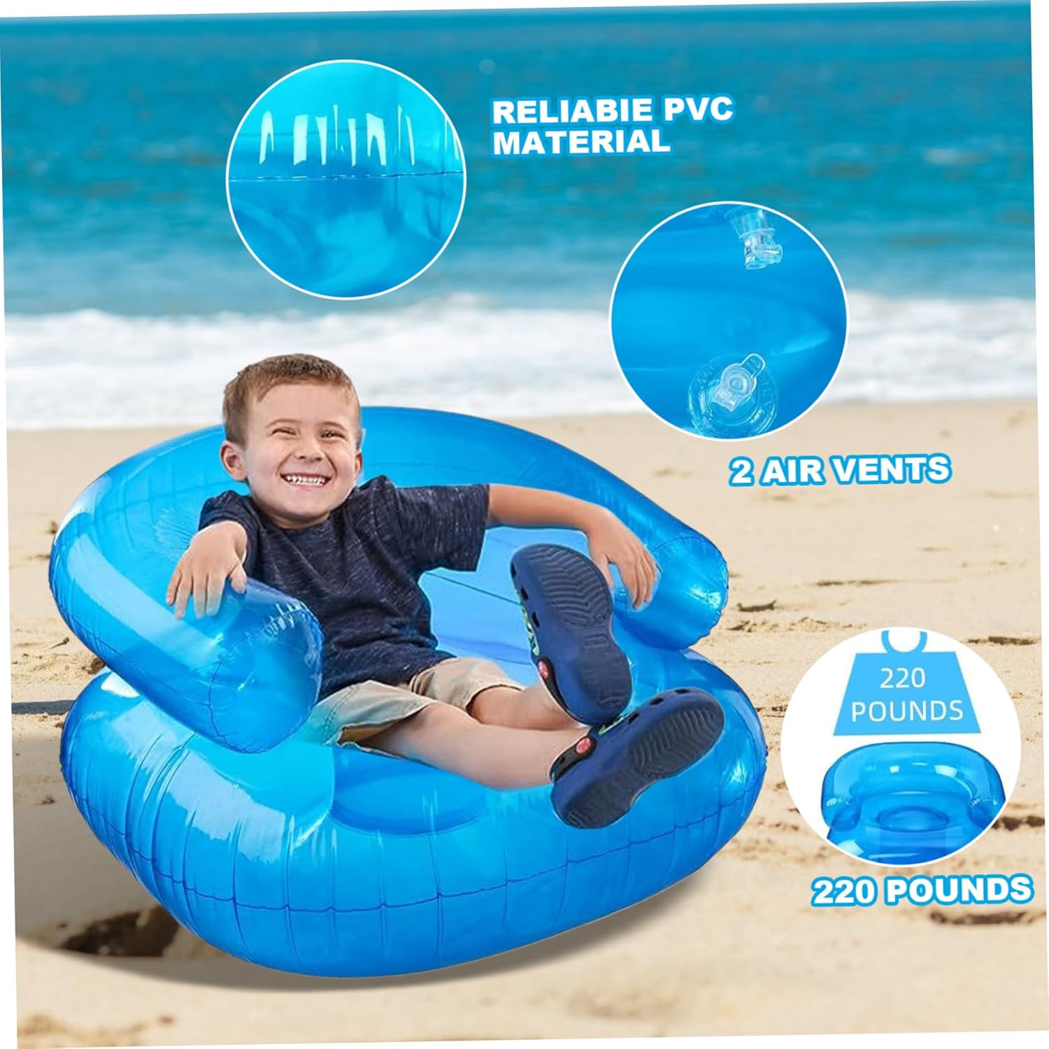 2 Pcs Blow Up Chair for Kids 27.5x27.5x17.2 in Blue Sequin Style Inflatable Sofa Chair for Boys Girls 200 Pounds Bearing Capacity Portable Inflatable Couch for Camping, Beach, Pool, Inflatable Chair