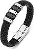 AIZU Braided Leather Wrap Bracelet - Black Brown Genuine Woven Leather Bracelet with Stainless Steel Magnetic Clasp for Mens Wristband Cuff - Mens Cross Christian Bracelet Leather