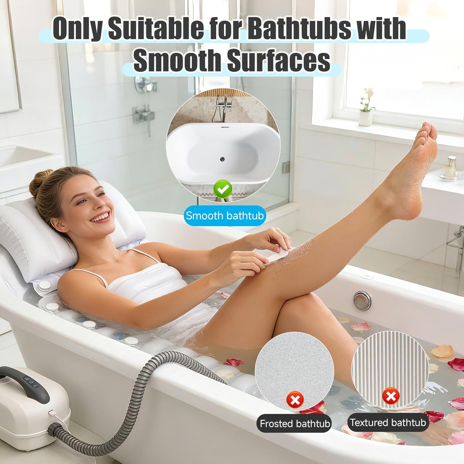 Bubble Bath Mat, Upgraded Bathtub Massager with Remote & 6 Modes, 48.8" Full Body Length with Inflatable Pillow, Anti-Slip Suction Cups, Chromotherapy Lights for Luxury Home Spa Relaxation