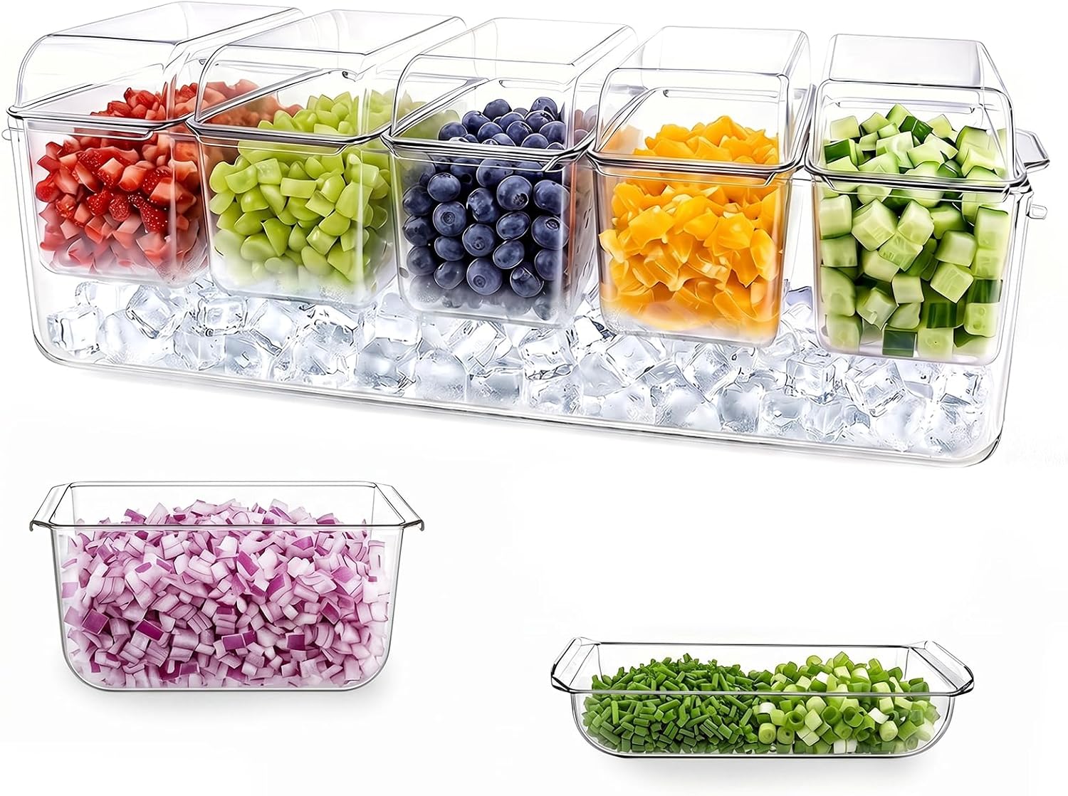 OBTANIM 16 Inch Ice Chilled Condiment Server Caddy Plastic Clear Food Storage Container Garnish Tray with Lid and 5 Removable Compartments for Bar Party Fruit Salad