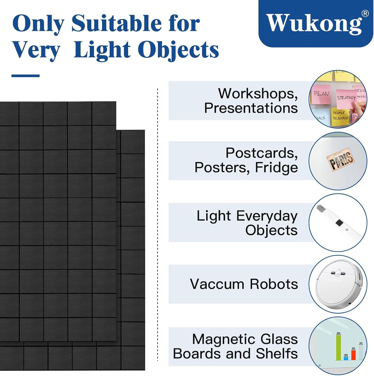 Wukong Samoprzylepne płytki magnetyczne, 10 x 10 mm, 200 sztuk z klejem 3M, magnesy samoprzylepne, płaskie magnesy, elastyczna folia magnetyczna samoprzylepna do zdjęć i innych