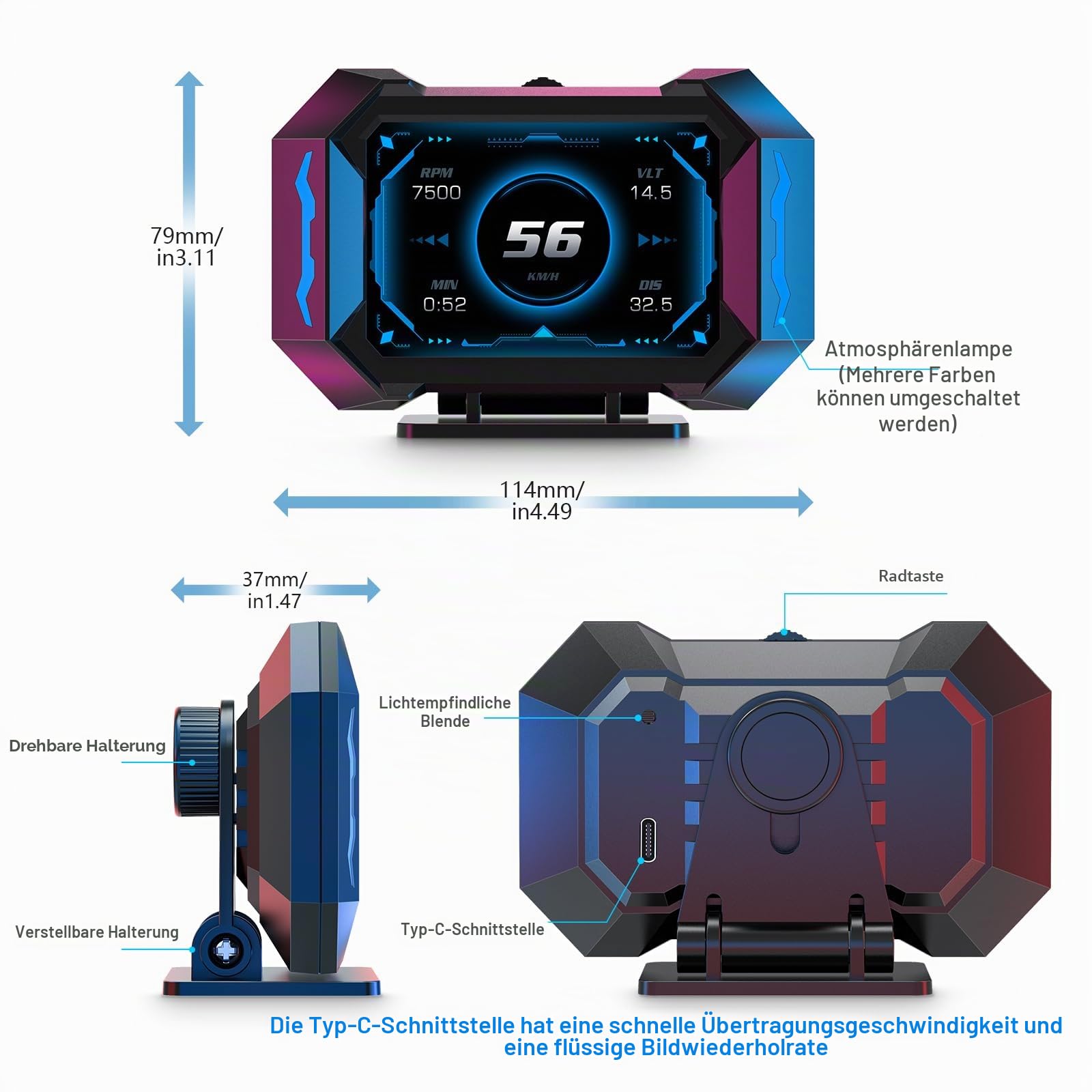 HUD P25 Head-up-Display Auto – Digitaler OBD+GPS Speedometer mit Kühlmitteltemperatur, Kraftstoffverbrauch, Neigungsmesser & Neigungswarnung