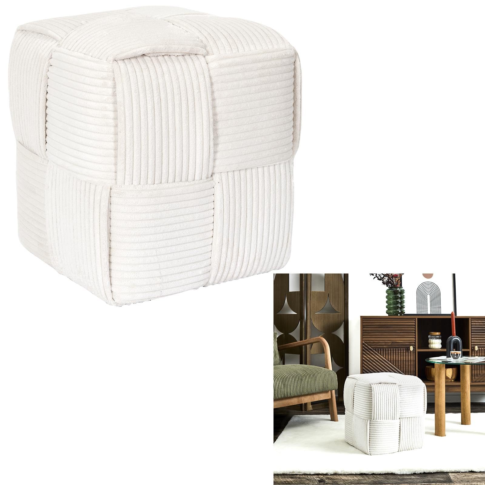 HOME DECO FACTORY Pouf Côtelé Tressé Siège et Repose-Pieds Beige