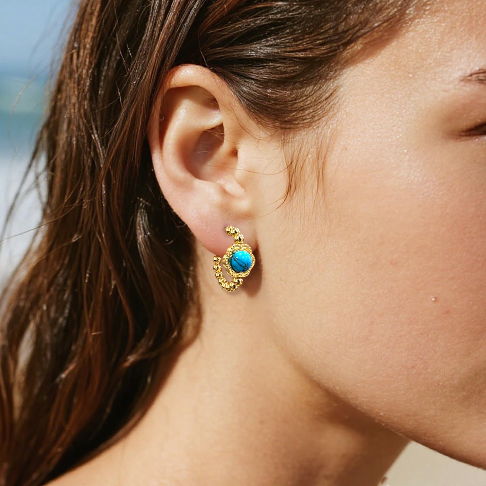 Orecchini a Cerchio Piccoli Turchese Placcato Oro 18 carati per Donna - Orecchini a Cerchio Aperti Boho Beach Estivi, Regali di Gioielli costieri