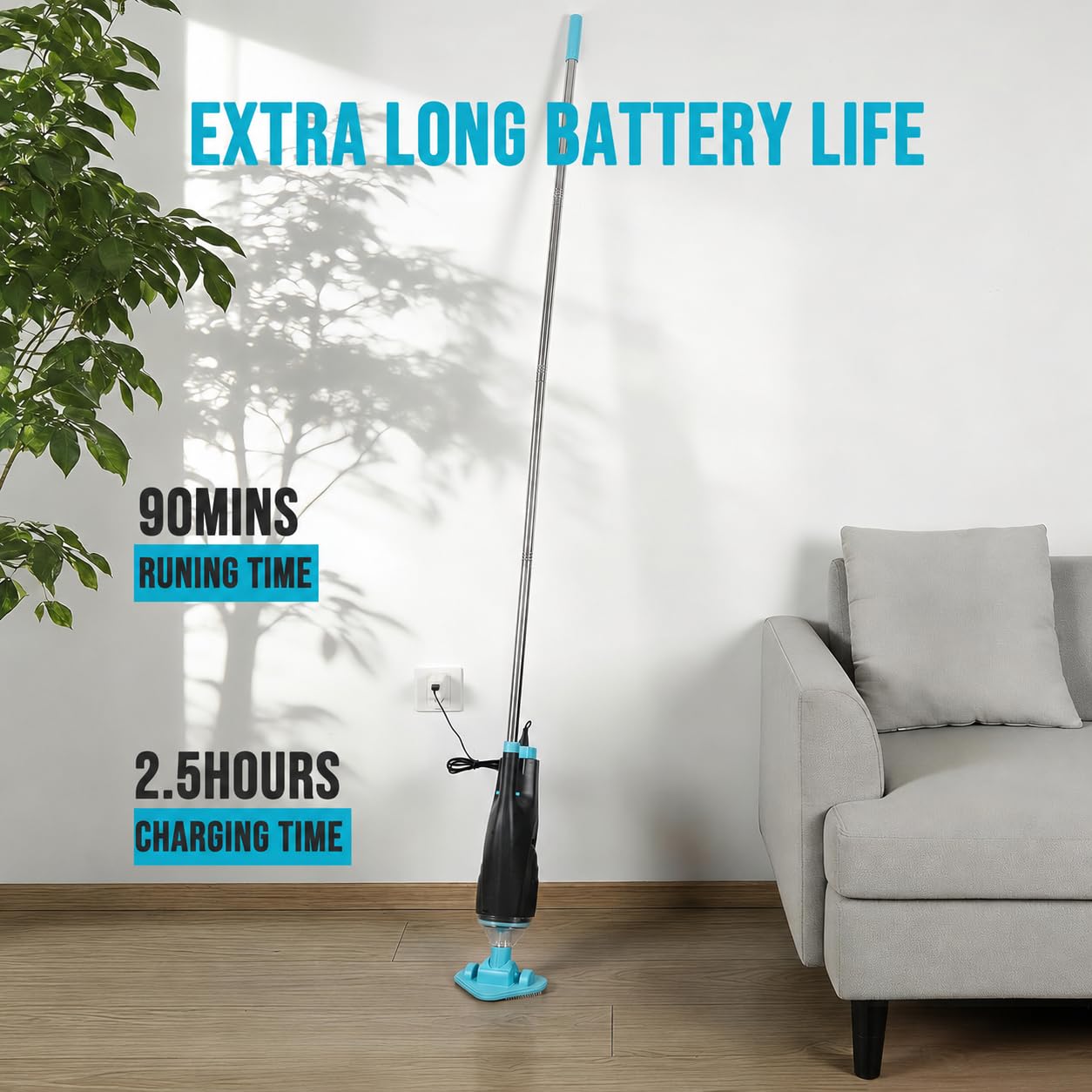 Aspirateur de piscine rechargeable avec poteau réglable et deux têtes de brosse à récurer, pour piscine hors sol, piscine creusée, jacuzzi, aspirateur de spa, dure 40 minutes, nettoyage sans fil des