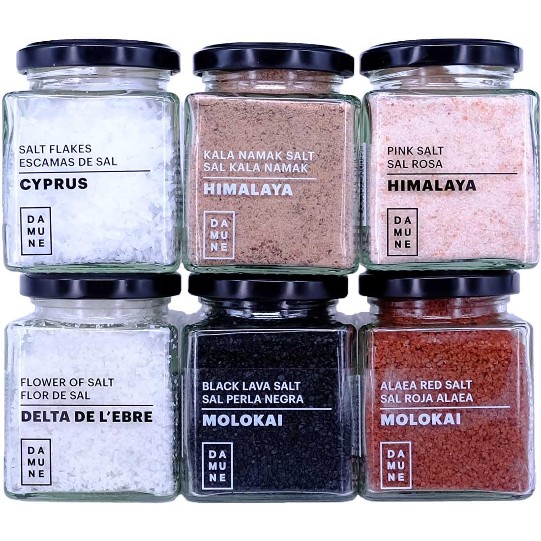 DAMUNE Sales Gourmet: Sal Negra Hawai (200g), Sal Roja Hawai (200g), Flor de Sal Delta del Ebro (150g), Sal en Escamas Chipre (100g), Sal Rosa (200g) y Sal Kala Namak (200g)