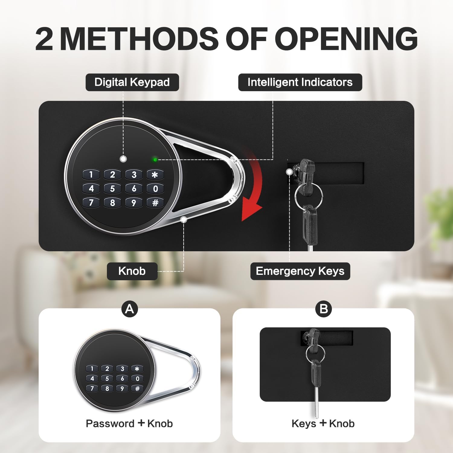 Diagram illustrating two methods of opening the safe: using the digital keypad with a password and knob, or using emergency keys with the knob.
