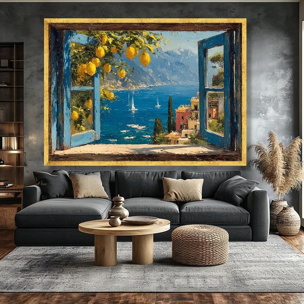 Gosrd Frameless Canvas Prints Sea Open Blue Window Lemon Tree Wall Art Village Landscape Summer Ocean Decor(50X75cm)