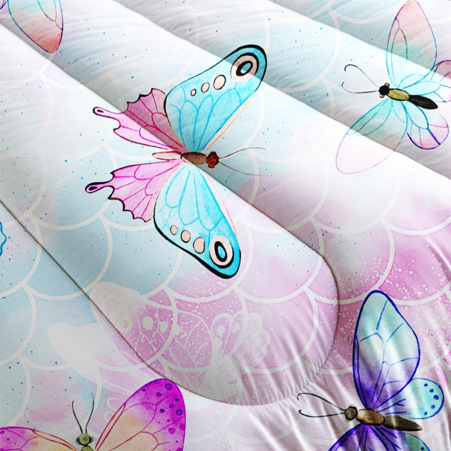 Rainbow Butterfly Comforter Set Twin Size for Girls Kids Adults Mermaid Scales Pattern Bedding Set Aesthetics Butterflies Quilt Bed Set with 1 Comforter and 2 Pillowcases