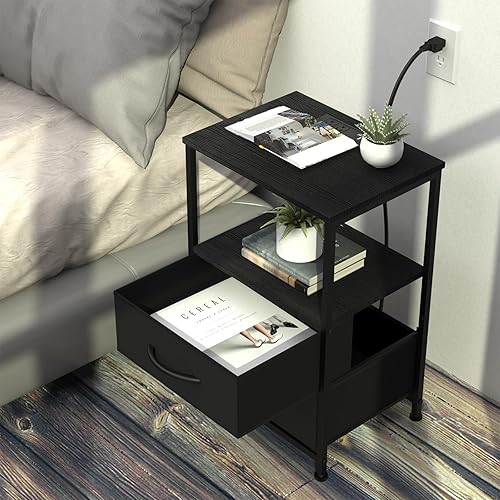 Miniatura 7 de DOMYDEVM Mesita de noche con estación de carga, moderna mesa auxiliar con puertos USB y tomacorrientes, mesa de noche negra con 2 cajones de