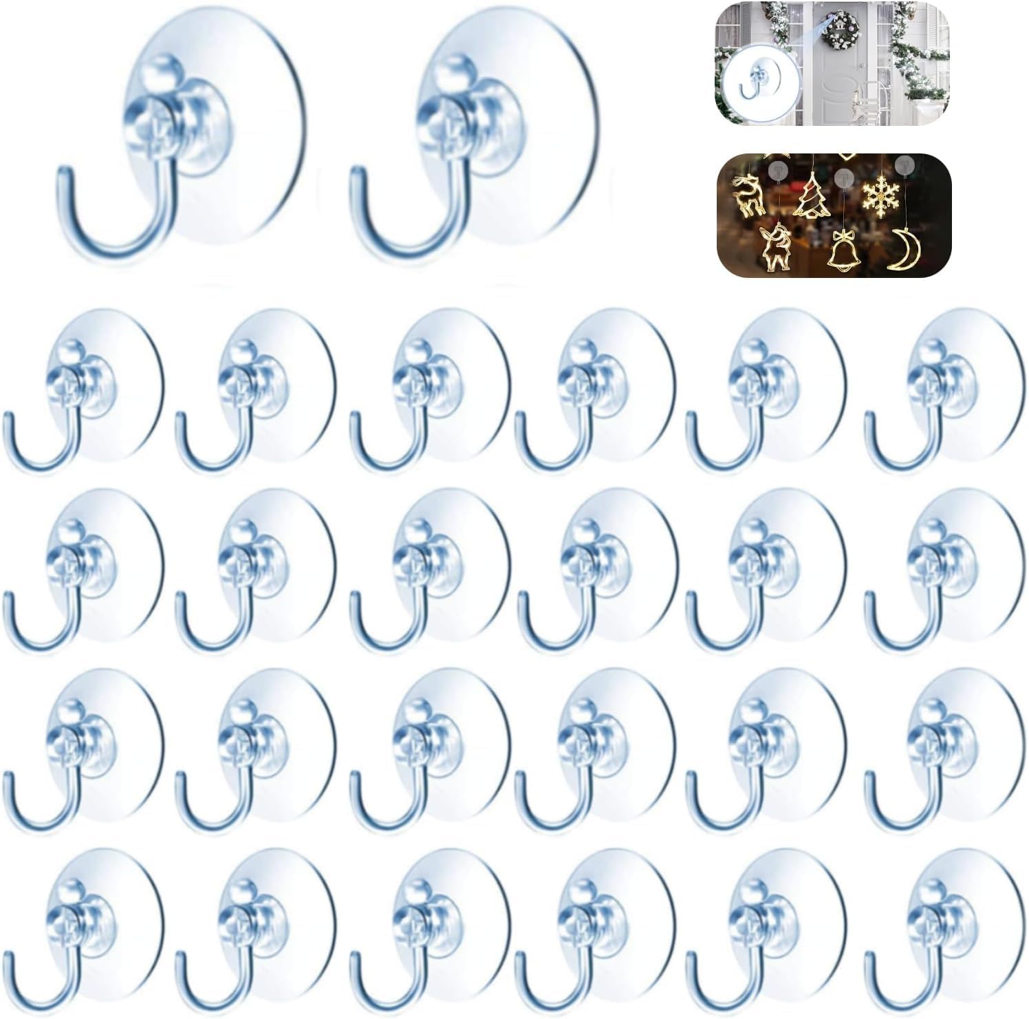 30Pcs Small Suction Cups with Hooks - 1.2 inch Clear Plastic Sucker Hooks for Glass Window Wall, Utility Hooks for Door Bathroom Kitchen, Christmas Festivals Parties Theme Decoration
