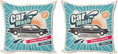 Ambesonne Retro Decorative Throw Pillow Case Pack of 2, Retro Car Wash Auto Service Repair Poster Style Art in Vintage Color Classic Design, Couch