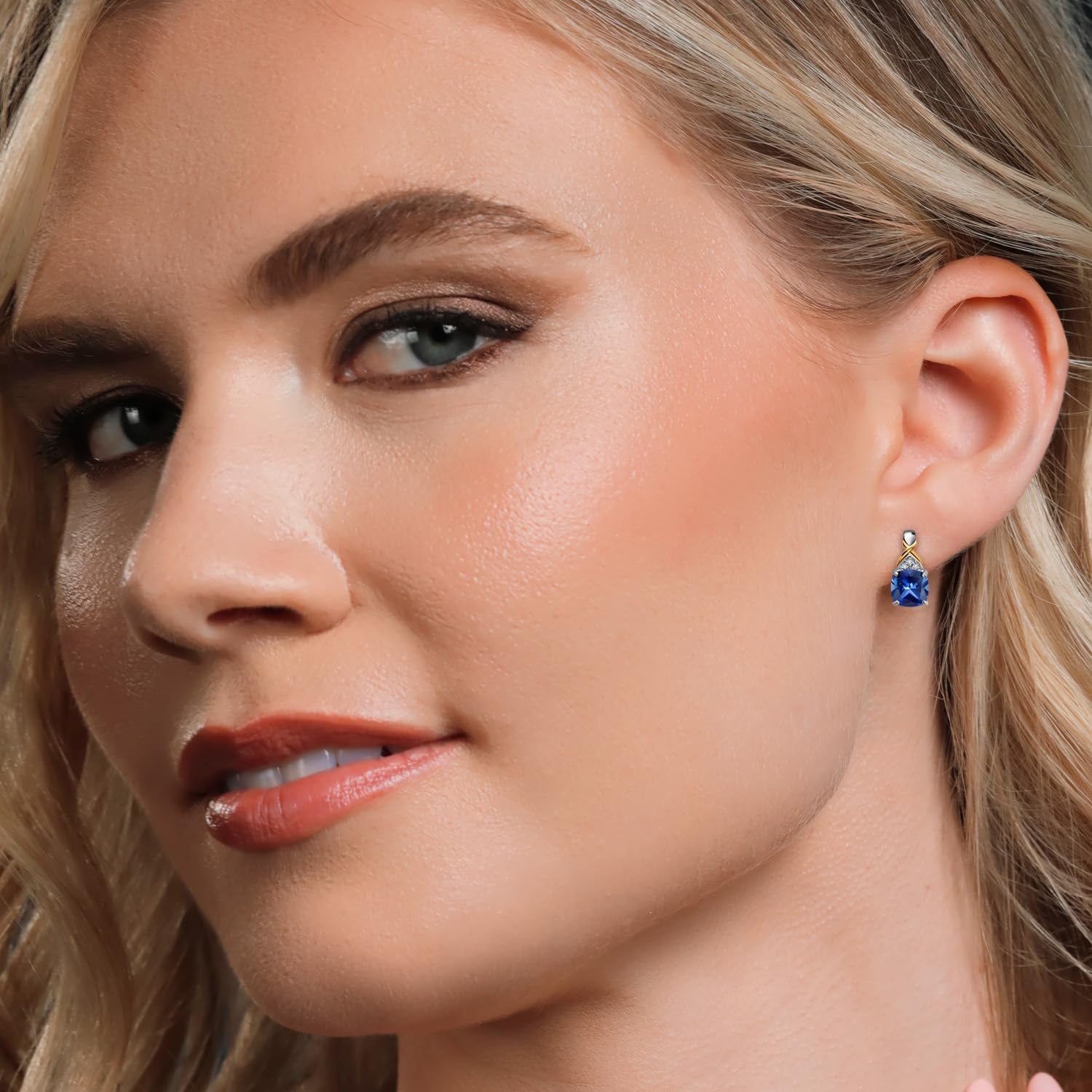 Gem Stone King Two-Tone Gemstone Birthstone Drop Earrings for Women | 925 Silver and 10K Yellow Gold | 6MM Cushion with Lab Grown Diamond Accents | Fine Jewelry Gifts