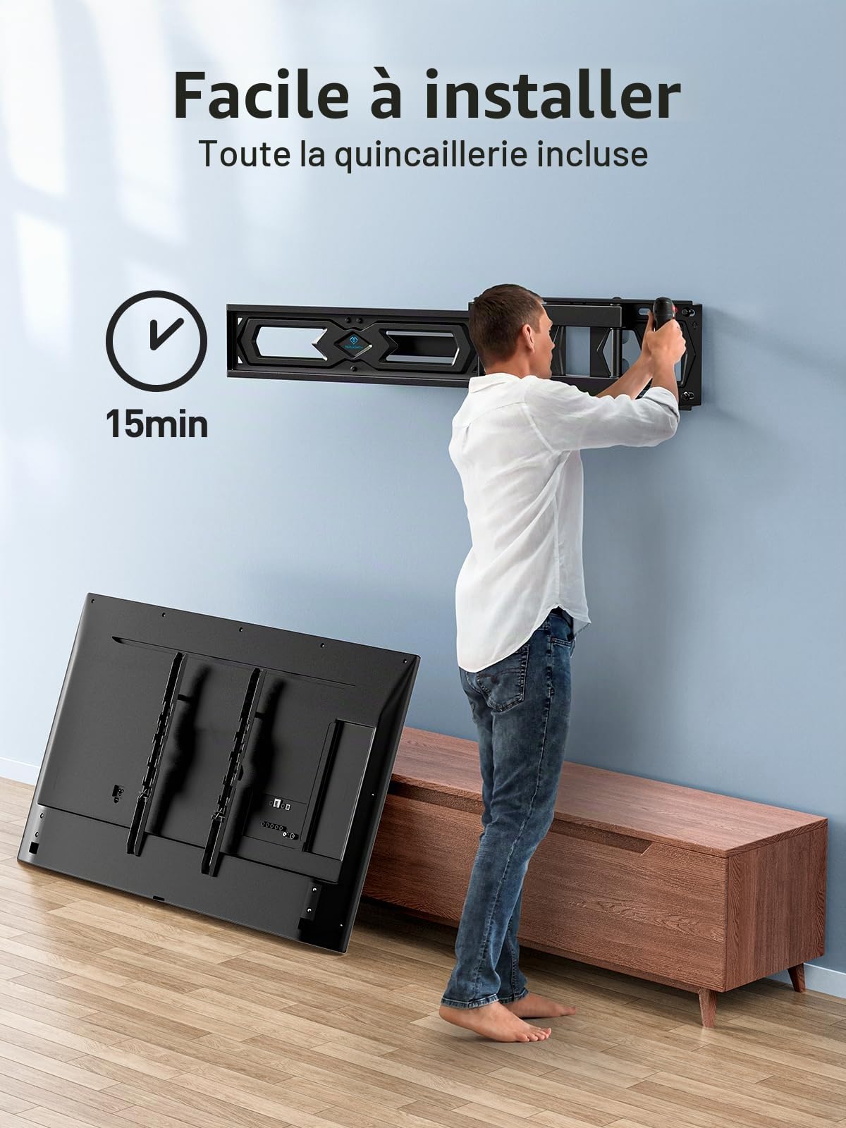 PERLESMITH Support Mural TV, pour 26-60 Pouces (66-152 cm) Télévision Jusqu'à 40kg, Fixation TV Murale Orientable et Inclinable 50 55 Pouces, Max VESA 400x400mm PSMFK10