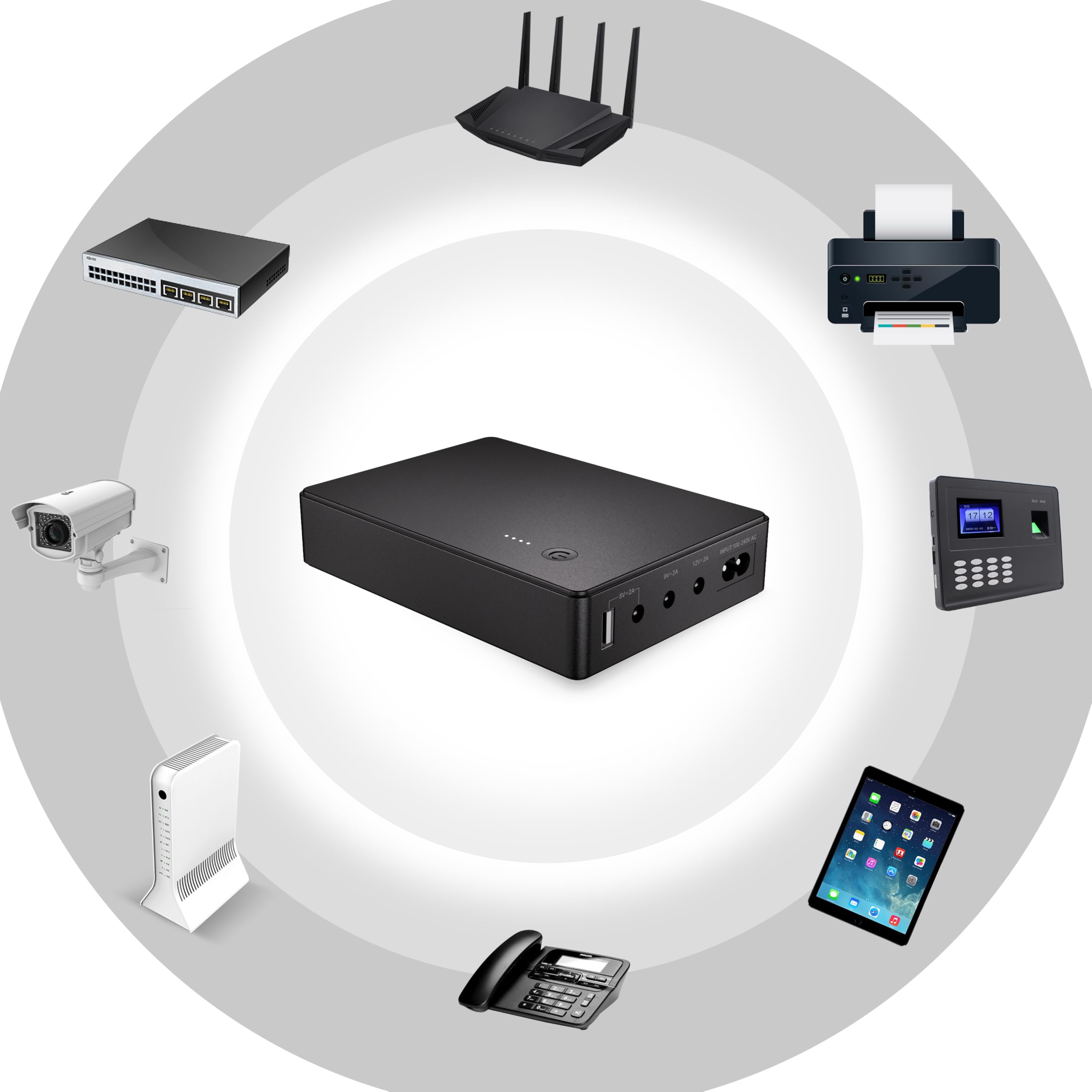 Mini UPS alimentazione senza interruzione per router, modem, fotocamera con ingresso uscita AC USB 5V DC 5V 9V 12V 2A (37Wh)
