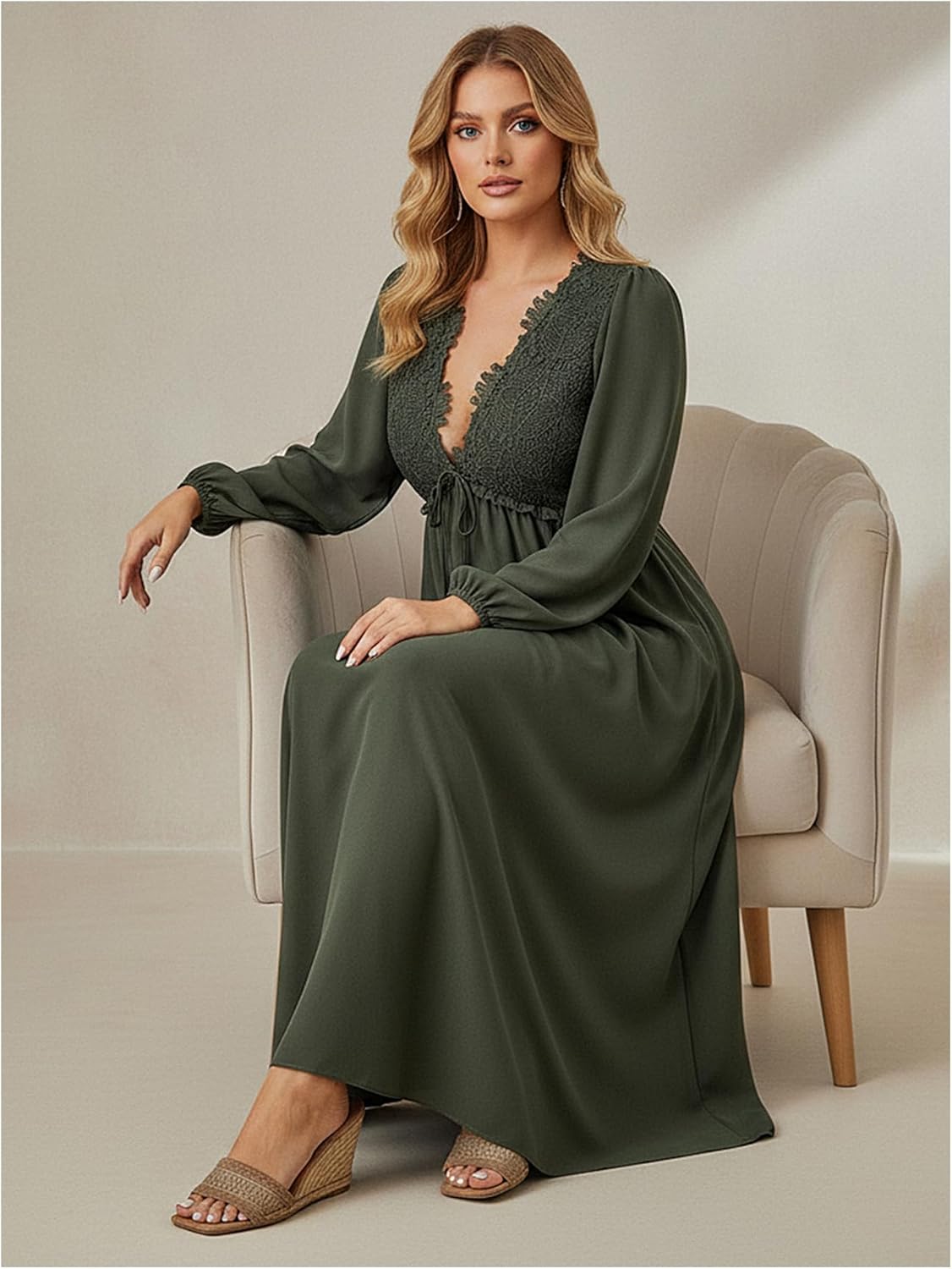 Women's Plus Size Lace Puff Sleeve Dress Tie Front Deep V Neck Split Flowy Maxi Wedding Guest Dresses