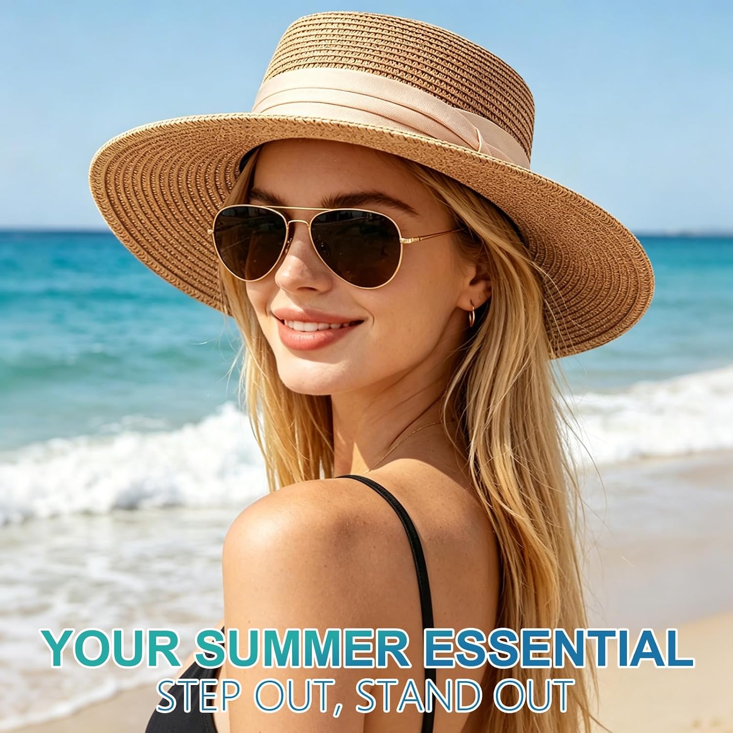 DRESHOW Women Straw Panama Hat Travel Fedora Beach Sun Hat Summer Wide Brim Straw Roll up Hats UPF 50+