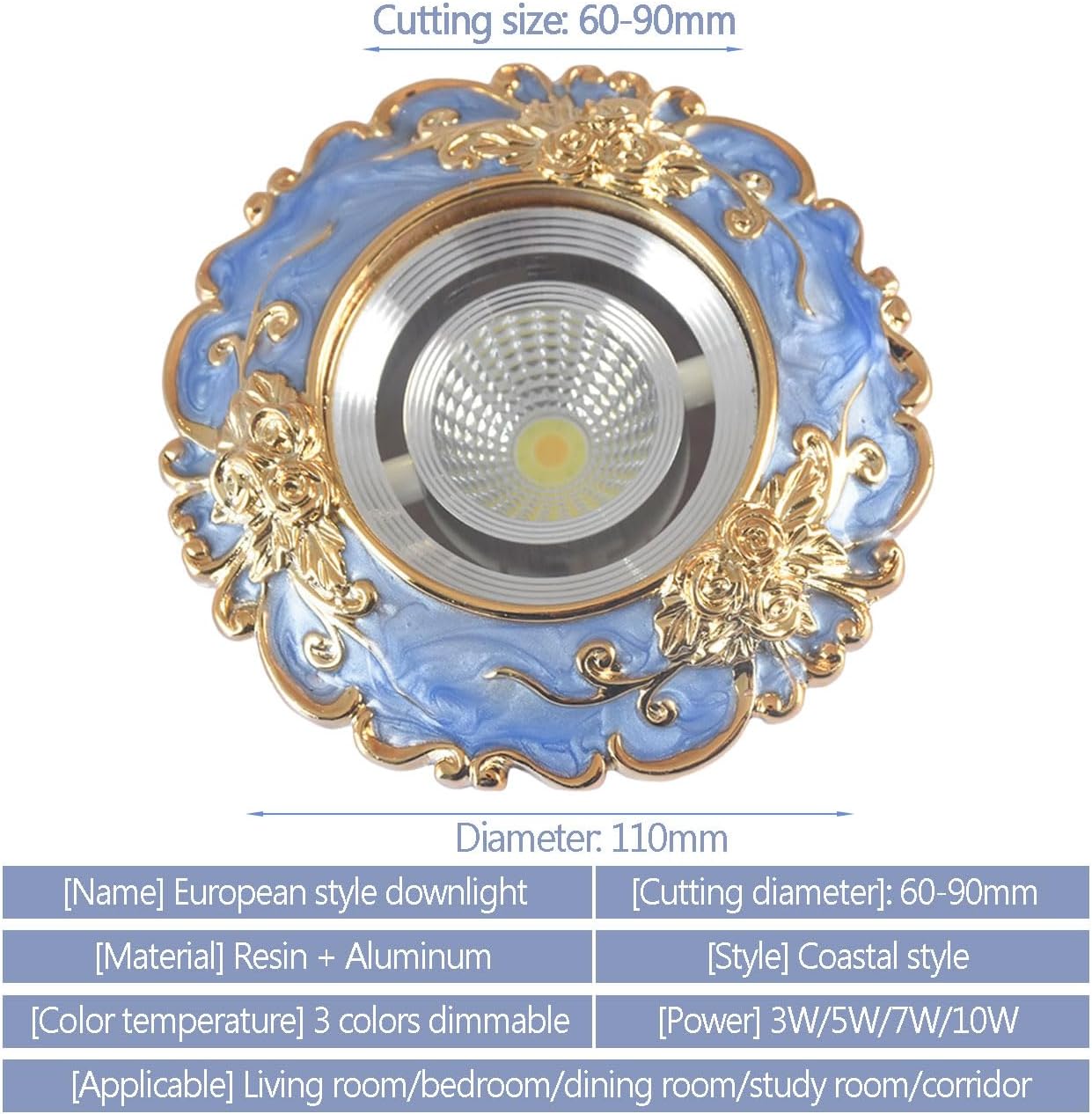 5 Pack European 3CCT Dimmable LED Recessed Downlight, 3000K/4000K/6000K Adjustable Color Temperature, Blue Baffle Trim Ceiling Light Fixture, LED Downlight for Home and Office Lighting