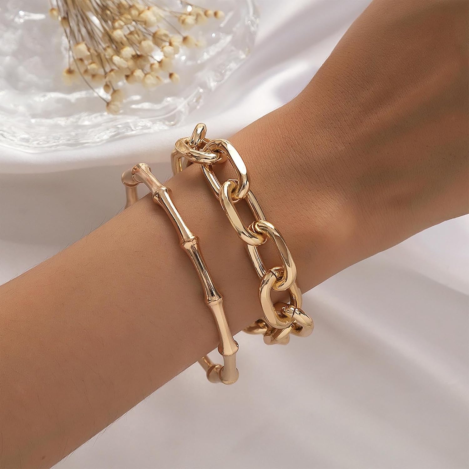 Punk Layered Gold Bracelet Chain Bamboo Bangle Cuff Bracelets Thick Twisted Chain Bracelet Metal Cuban Link Bracelet Jewelry for Women 2Pcs - Image 2