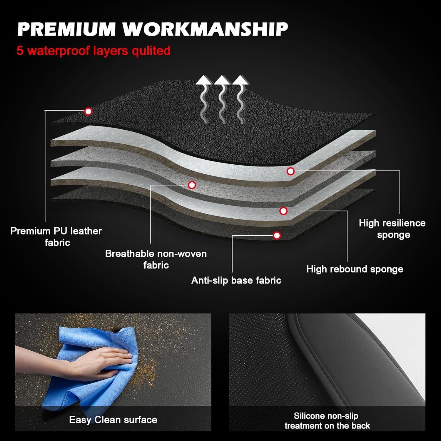 IKON MOTORSPORTS, Full Set Car Seat Covers Compatible with 2008-2023 Toyota Tundra Double & CrewMax Cab Pickup, PU Leather Driver Seat Cover Cushion Protectors, Black