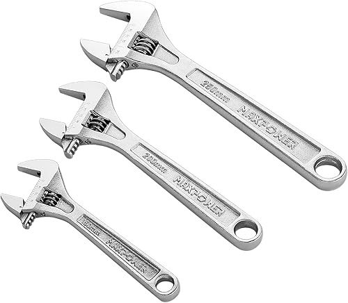 MAXPOWER Juego de llaves ajustables de alta resistencia, 3 piezas, llaves móviles profesionales con capacidad de mandíbula extragrande, acero Cr-V