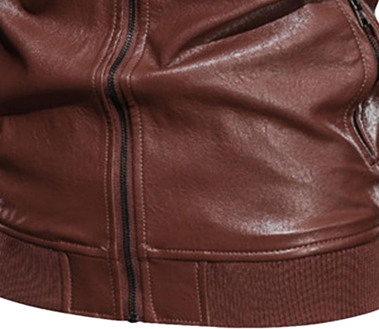 Men’s Vintage Stand Collar Leather Jacket Casual Slim Fit Faux Leather Jacket Lightweight Motorcycle Biker Coat