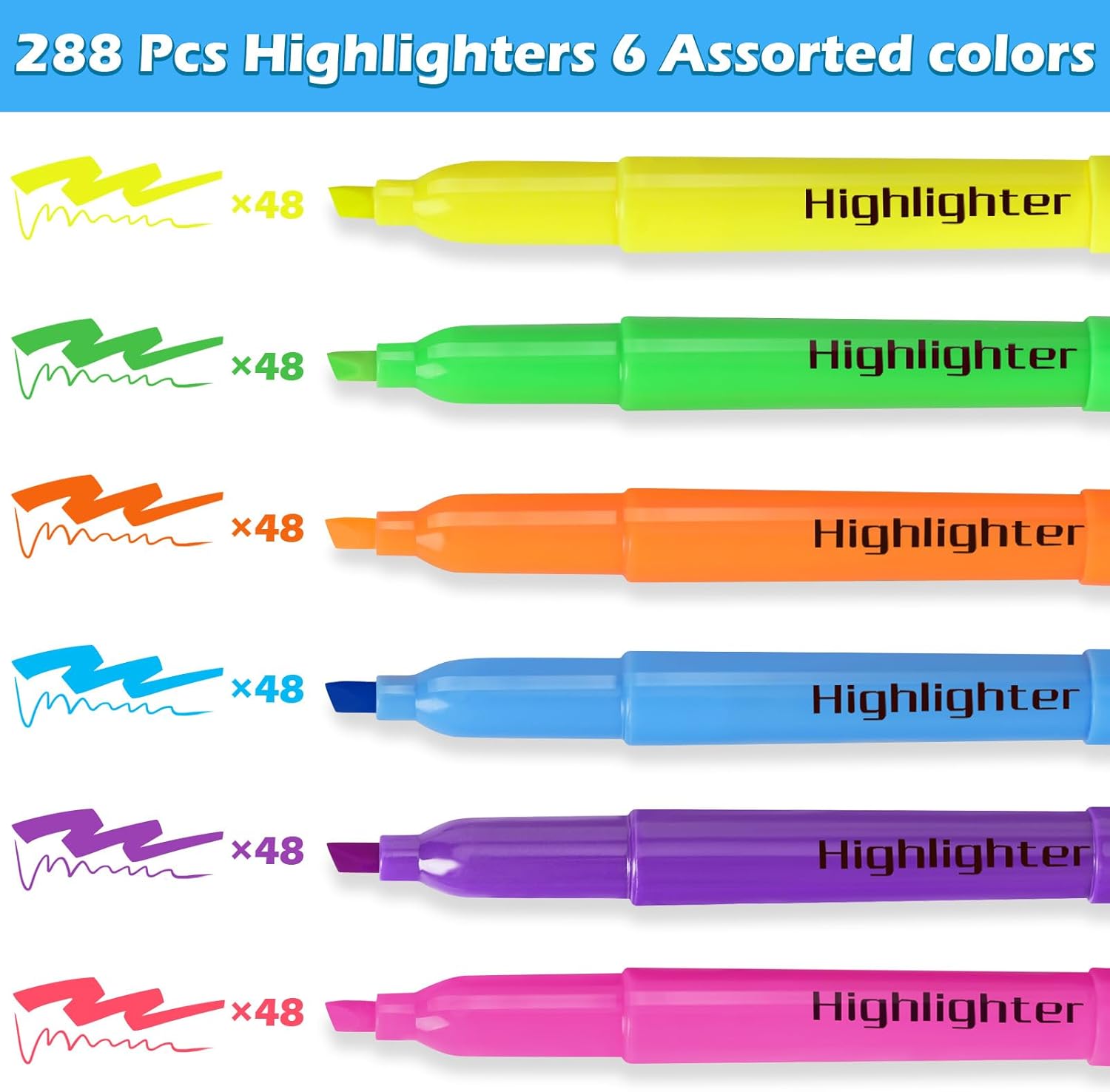 KIZZYEA 288 Pack Highlighters in 6 Assorted Colors, Chisel Tip Dry-Quickly Highlighters Bulk, No Bleed Highlighter Markers for Adult Kids, Office Classroom Must Have, School Supplies for Teachers