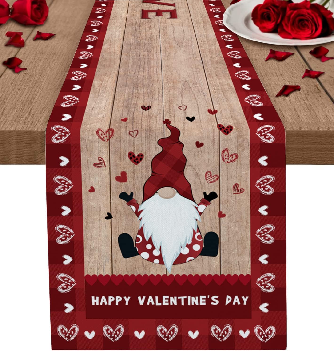 Valentines Day Table Runner,Happy Valentine's Day Cute Gnome Wood Plank Farmhouse Table Decor,Dining Table Runners for Party Decoration,13x90 Inch